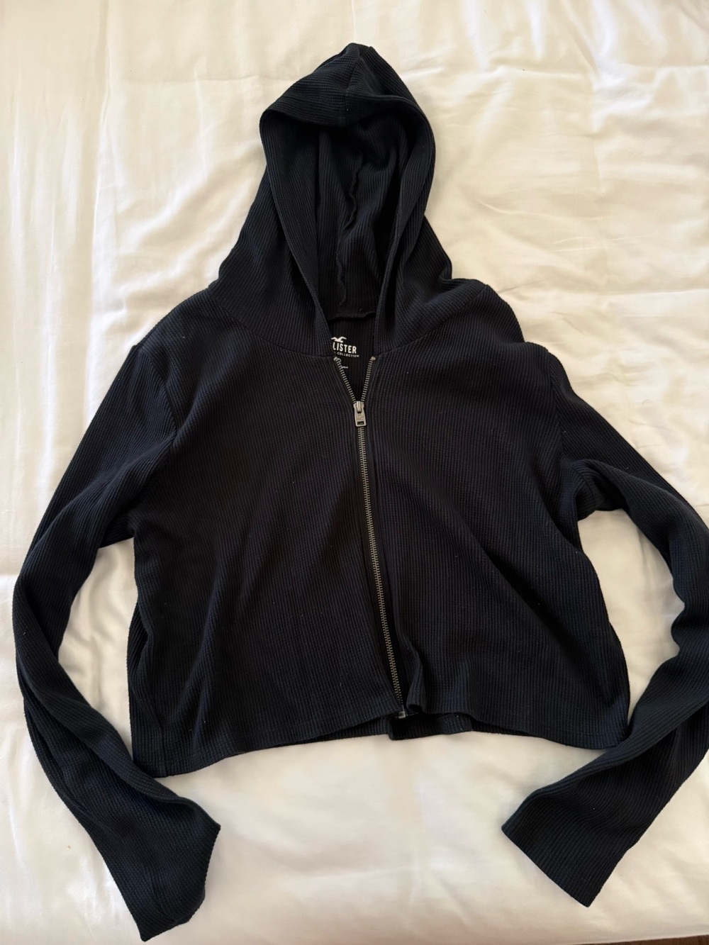 Hollister Black Ribbed Full-Zip Hooded Cropped Sweatshirt